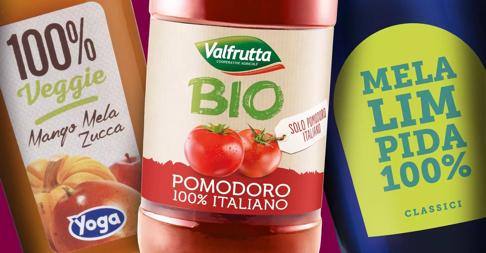 Innovazione e grande qualità per i succhi in vetro da 200ml dei marchi leader Yoga, Valfrutta Bio e Derby Blue