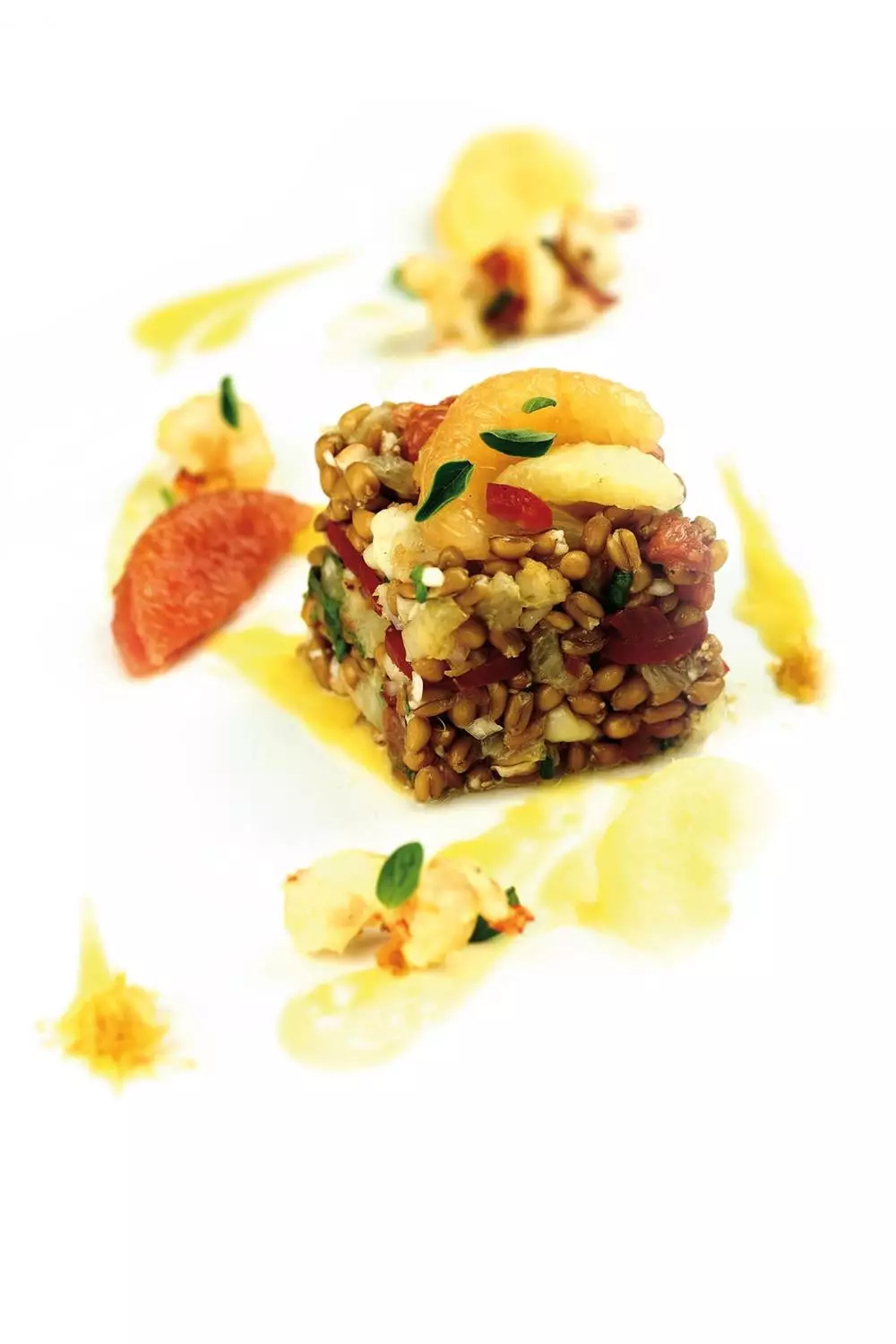 Farro, gambero rosso e citronette di pompelmo